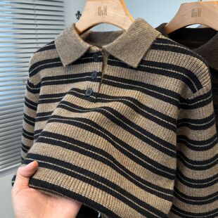 翻领毛衣男款2025新款秋冬季休闲条纹polo领针织衫男装加厚套头潮