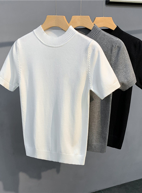 夏季半高领针织衫短袖t恤男修身美式型男毛衣韩国东大门男装潮流