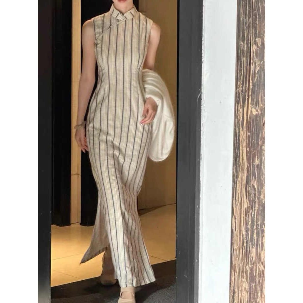 进口米白条纹旗袍新中式复古无袖收腰显瘦百搭少女气质修身长裙20