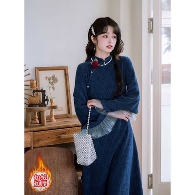 进口复古蓝色改良旗袍连衣裙2025年冬季加绒加厚民国风百搭款