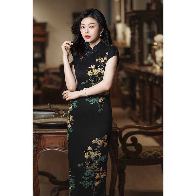 进口黑色旗袍新款2025年轻款高端气质复古民国风修身长款老上海女