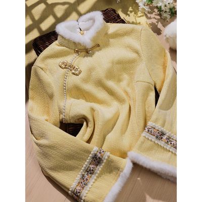 进口2025新中式国风黄色改良款旗袍倒大袖连衣裙秋冬温柔少女气质