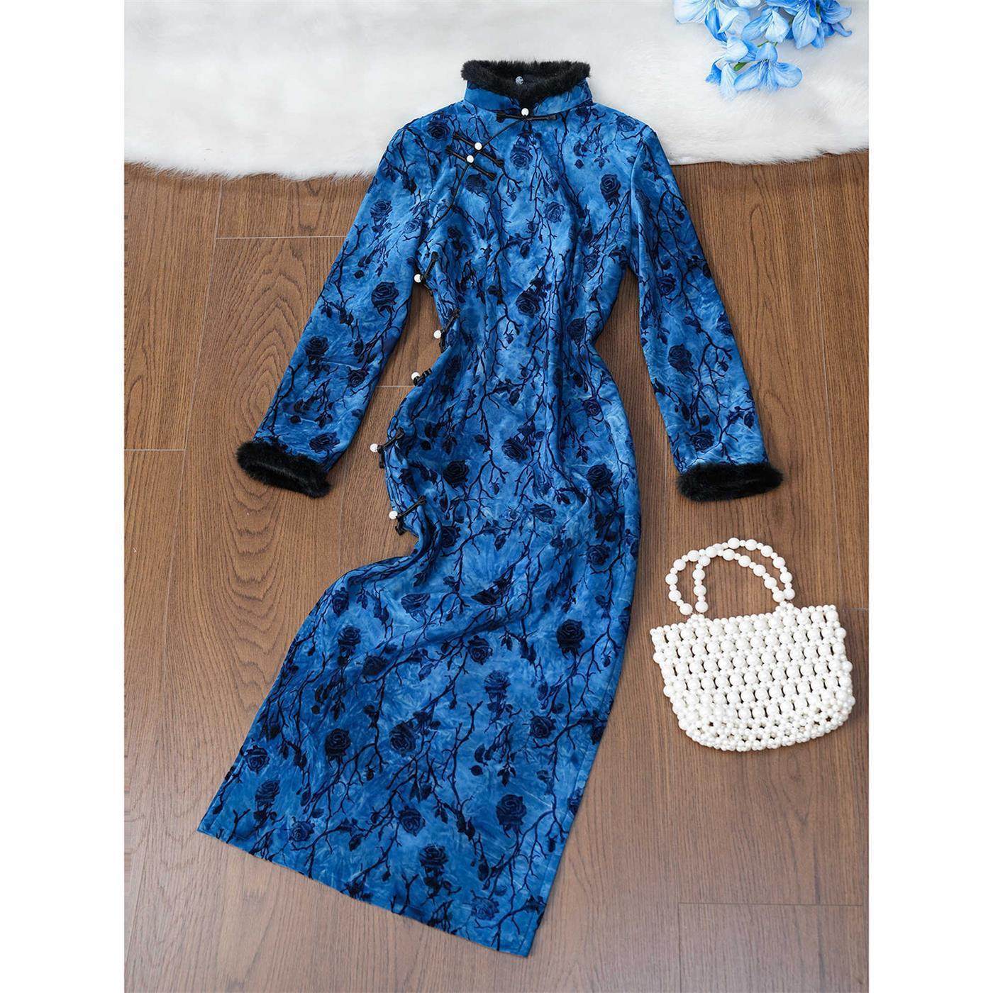 进口蓝色旗袍长袖复古改良老上海高端大气上档次日常秋季显瘦2025