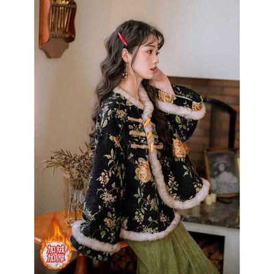 进口复古绣花改良旗袍连衣裙新中式加绒外套女2025秋冬加厚款