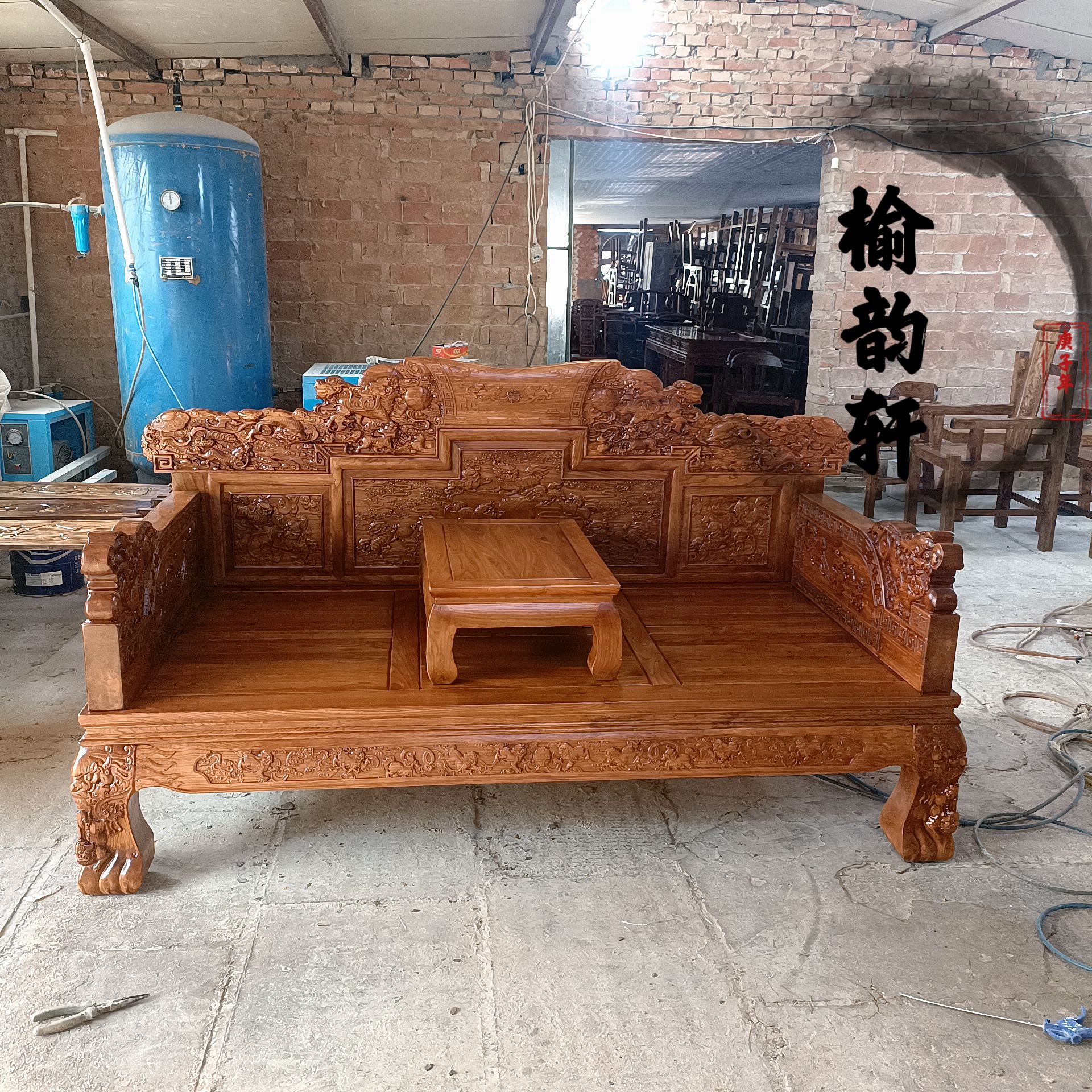 老榆木实木中式沙发床老榆木酒店茶楼客厅仿古家具禅意罗汉塌
