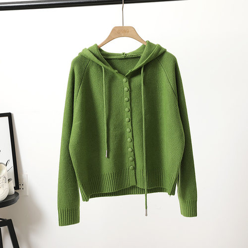 连帽韩版宽松纽扣毛衣女针织衫
