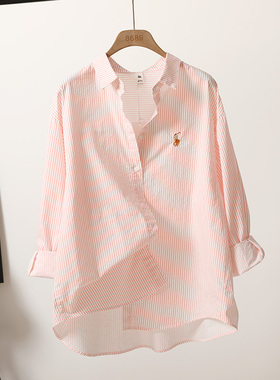 2025春季新款蓝色港味chic条纹衬衫女刺绣衬衣韩版宽松休闲上衣潮