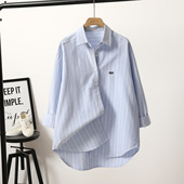 浅蓝色纯棉衬衫 女长袖 宽松休闲上衣春季 简约文艺范刺绣中长款 新款