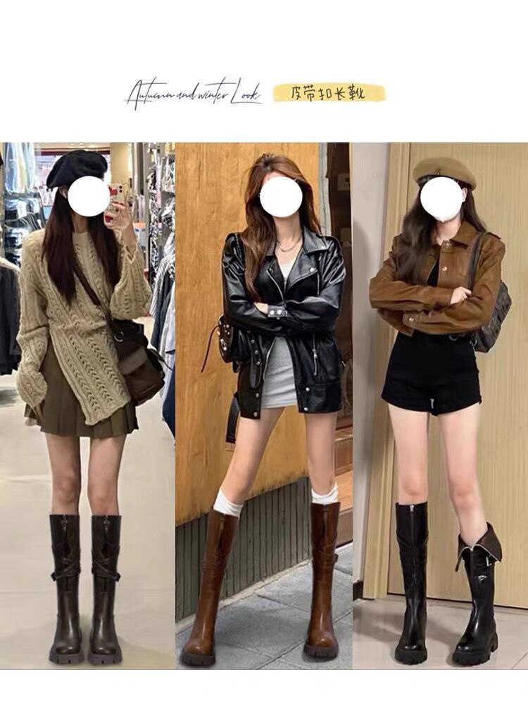 천연가죽버전 다리가 넓어지고 두꺼운 MM 부츠를 가진 여성용 대형 튜브 부츠 2024 가을 겨울 하이 튜브 두꺼운 밑창 기사 부츠