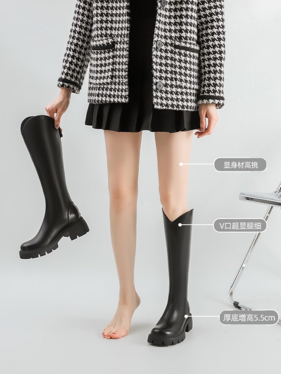 [FUER SHOE SHOP] 여성을위한 작은 튜브 V 입 부츠 2024 가을 겨울 신작 부츠 부츠 두꺼운 밑창 하이 부츠