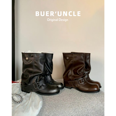 真皮版！辣妹裤管短靴女褶皱堆堆靴复古英伦风美拉德西部马丁靴