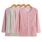 妈妈对襟系扣上衣薄款 睡衣宽松大码 全棉秋衣 开衫 中老年人纯棉长袖