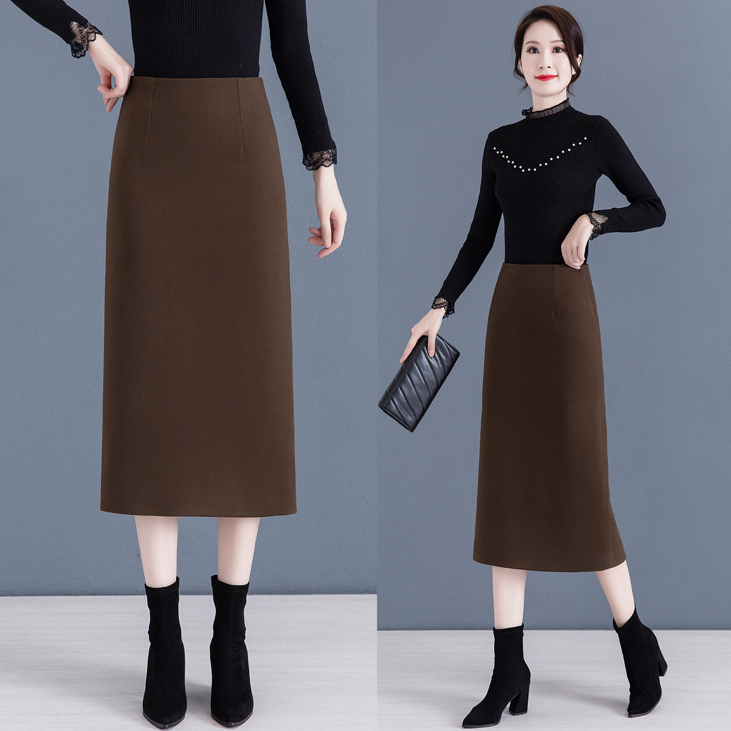 咖色毛呢半身裙女秋冬包臀直筒裙