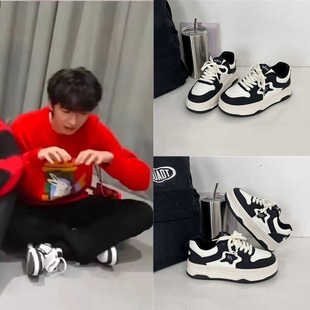 时代少年团贺峻霖严浩翔同款小白鞋厚底百搭板鞋黑白星星熊猫鞋子