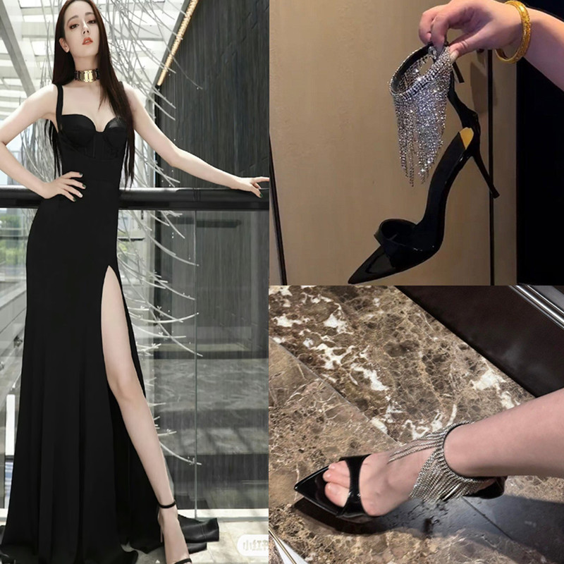 迪丽热巴同款露趾尖头漆皮凉鞋水钻流苏中空拉链女性感细跟高跟鞋
