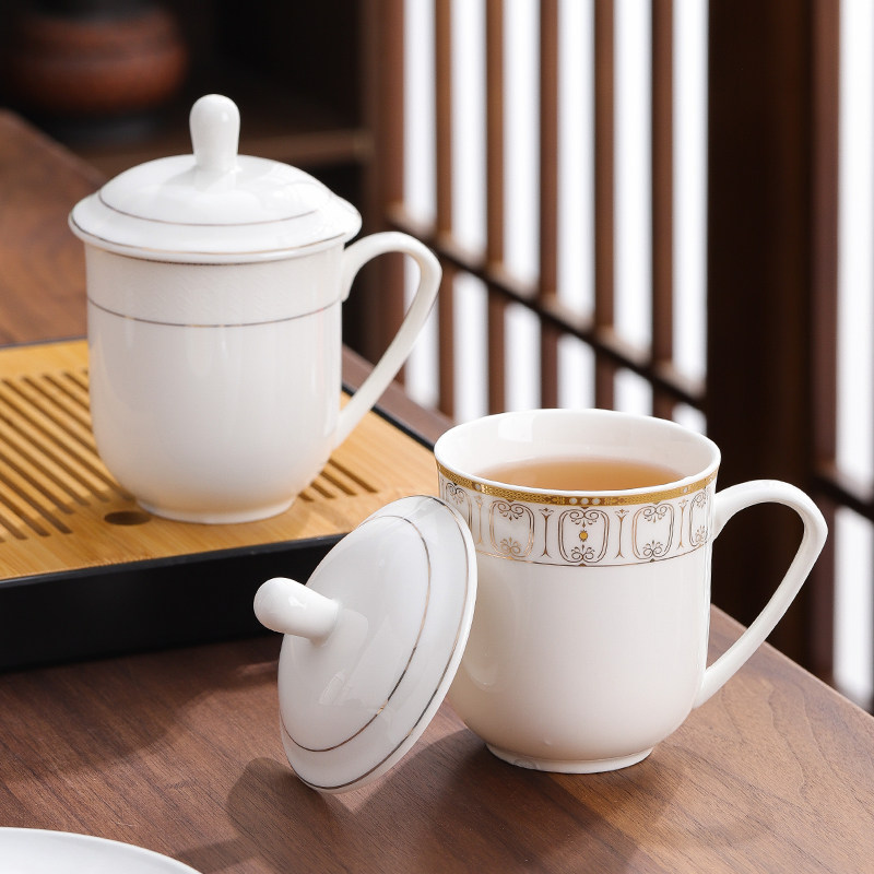 瓷茶杯带盖家用套装带把喝水陶瓷杯子办公室水杯泡茶杯马克杯定制