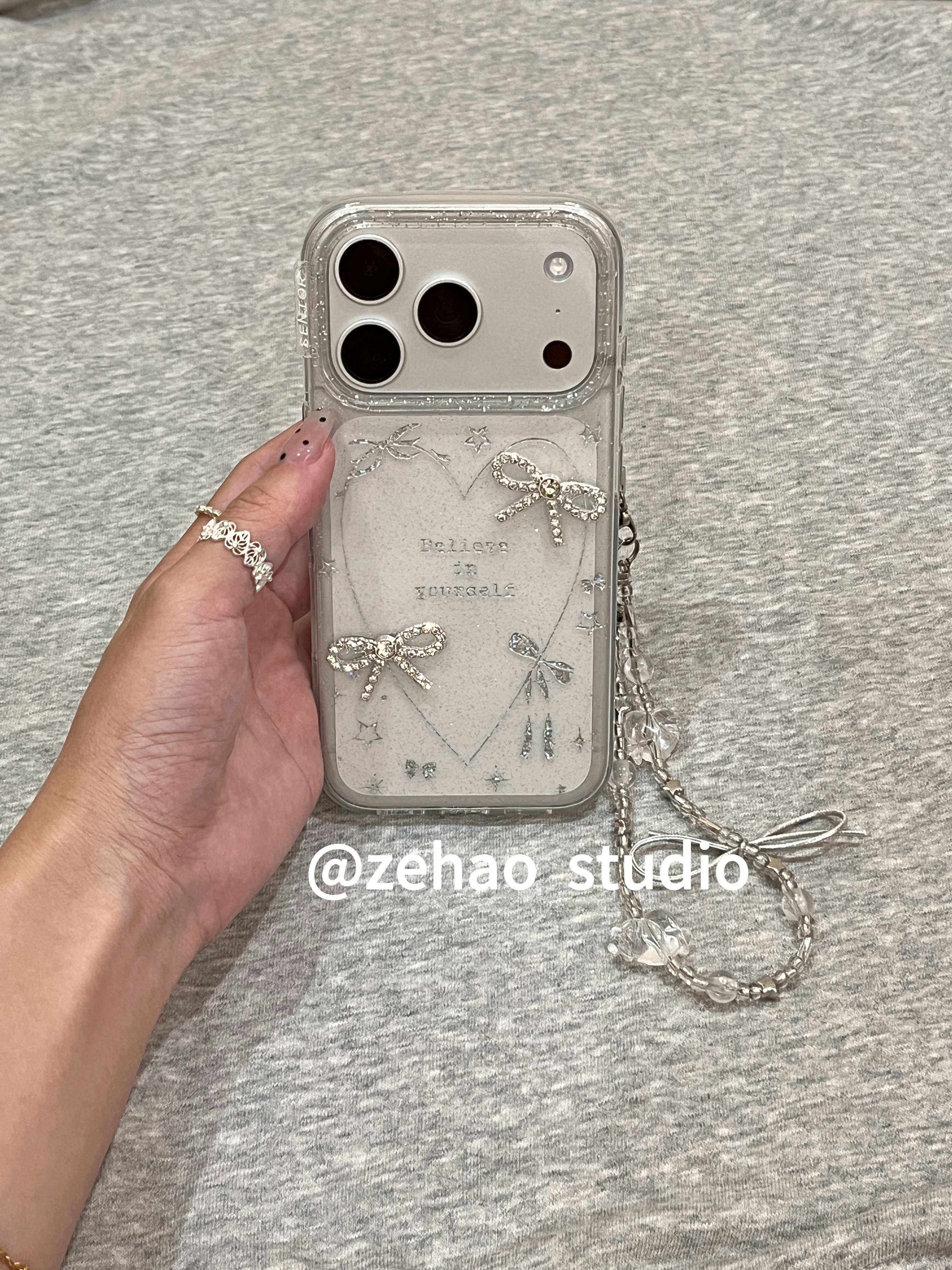 透明鎏金细闪立体蝴蝶结韩系ins风17pro手机壳17promax保护iphone15女款16pro双层16卡通iPhone17苹果15pro