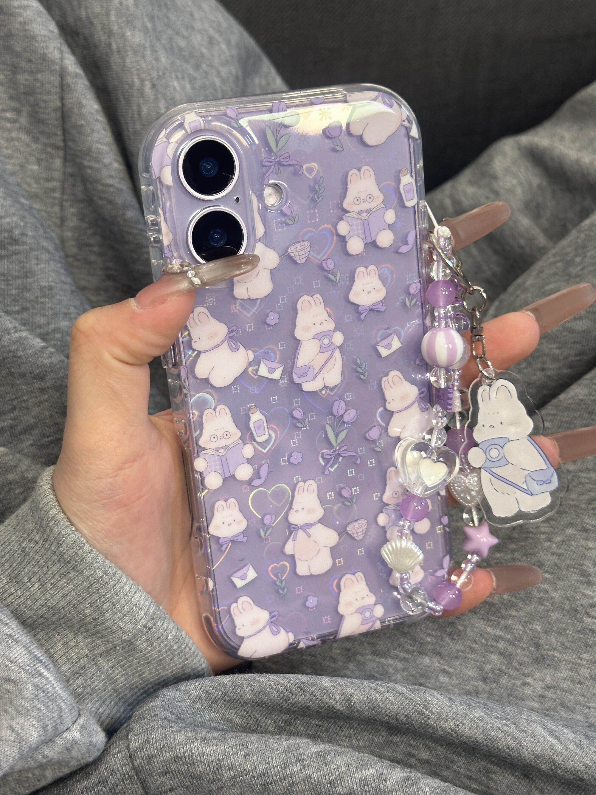 紫色透明小兔子郁金香ins适用苹果17promax手机壳苹果15promax保护17pro女iPhone16pro双层iPhone17苹果15pro