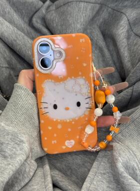 闪镜橙色镂空花朵kt猫咪ins韩系17pro手机壳17promax保护iphone15女款16pro双层16卡通iPhone17苹果15pro