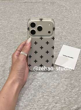 银底满屏黑色十字花适用17pro手机壳17promax保护iphone15女iPhone16pro双层iphone16卡通iPhone17苹果15pro