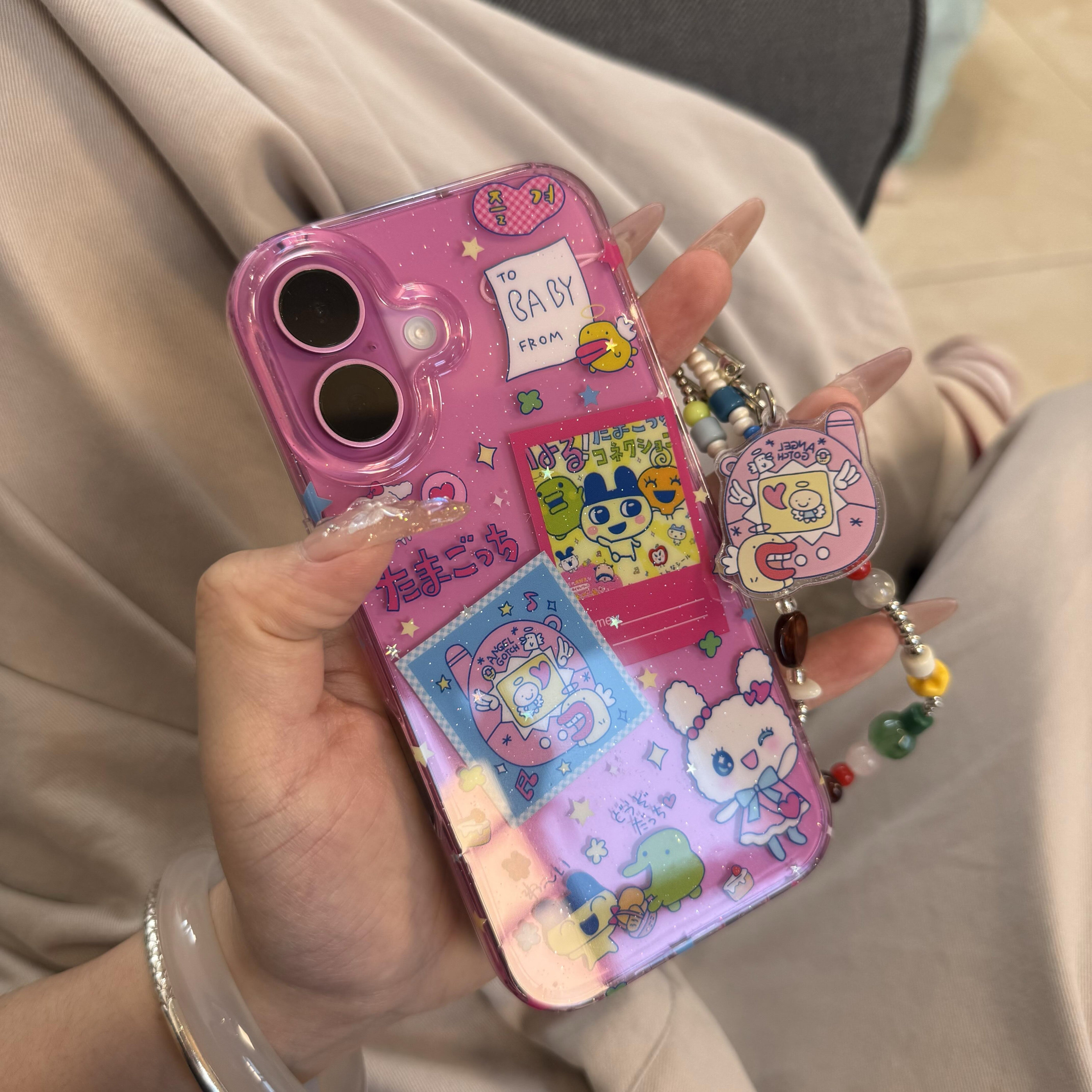 ins卡通半透玫粉拓麻歌子手机壳适用16promax全包iPhone15pro新款14promax全包13防摔15保护套16pro