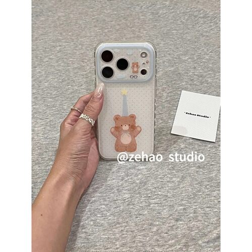 满屏细闪波点长帽小熊适用苹果17p双层iphone16亮面15可爱手机壳17pro双层iphone16卡通iPhone17苹果15pro