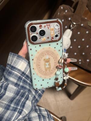 复古绿棕星星小熊圆圈韩系ins风17pro手机壳17promax保护iphone15女款16pro双层16卡通iPhone17苹果15pro