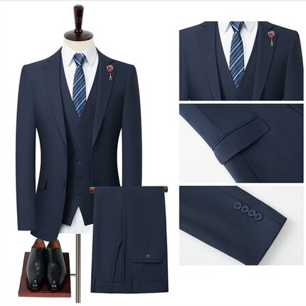 纯色商务休闲职业装结婚礼服春秋微弹2026新款蓝色西服套装三件套