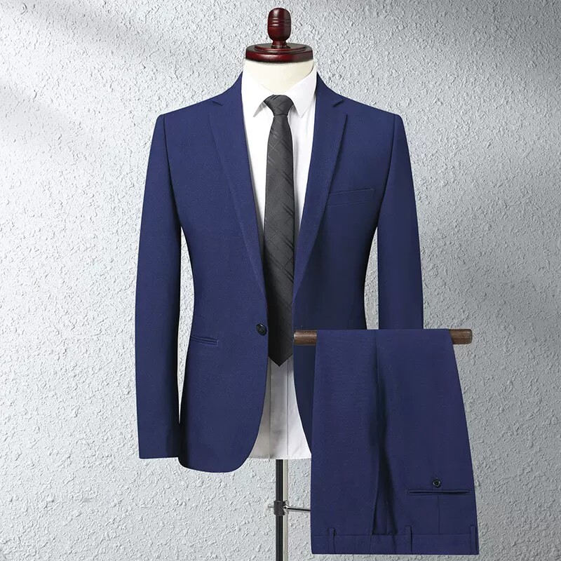 商务风男士藏蓝色西服套装修身职业装结婚礼服两件套