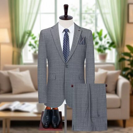商务绅士风格子西服套装男两件套秋季结婚礼服时尚优雅韩版