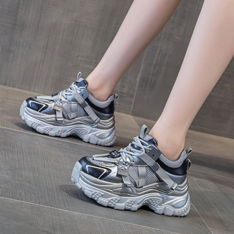 厚底老爹鞋女2024秋季新休闲银红色时尚百搭内增高潮鞋运动女鞋