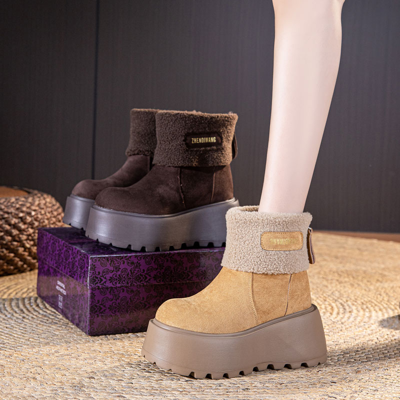 震地王厚底雪地靴女内增高加绒加厚秋冬新款中筒12cm小个子毛毛靴