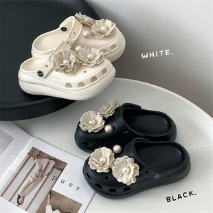 老爹鞋高跟泡芙洞洞鞋女夏eva布艺山茶花外穿防滑增高包头拖鞋女