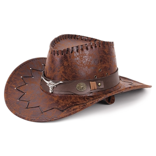 两头门西部牛仔帽裂纹PU皮骑士帽夏季户外旅游休闲男女士遮阳帽子