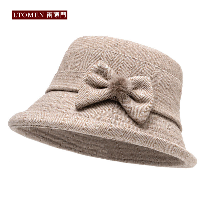 两头门秋冬蝴蝶结渔夫帽羊毛呢女士盆帽
