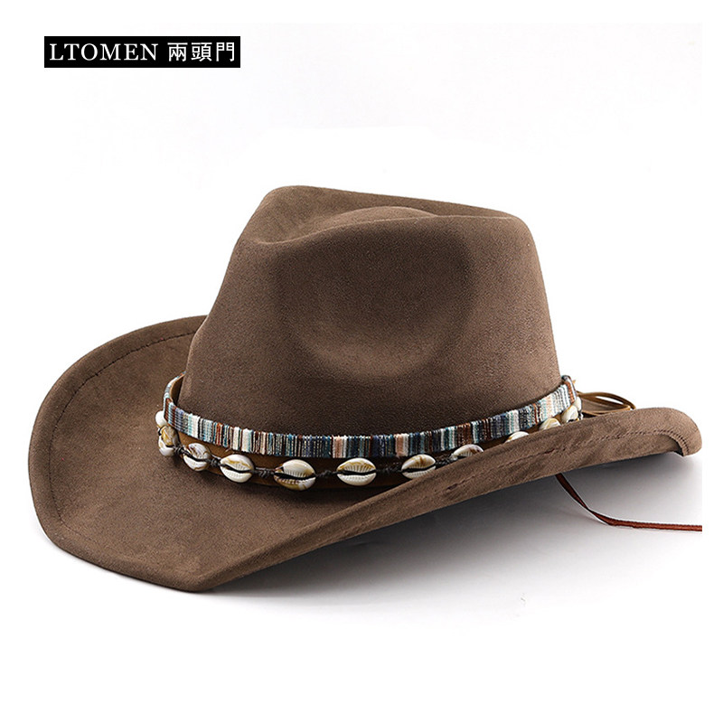 两头门贝壳皮带装饰仿麂皮绒男女翘边户外卷檐民族风西部牛仔帽