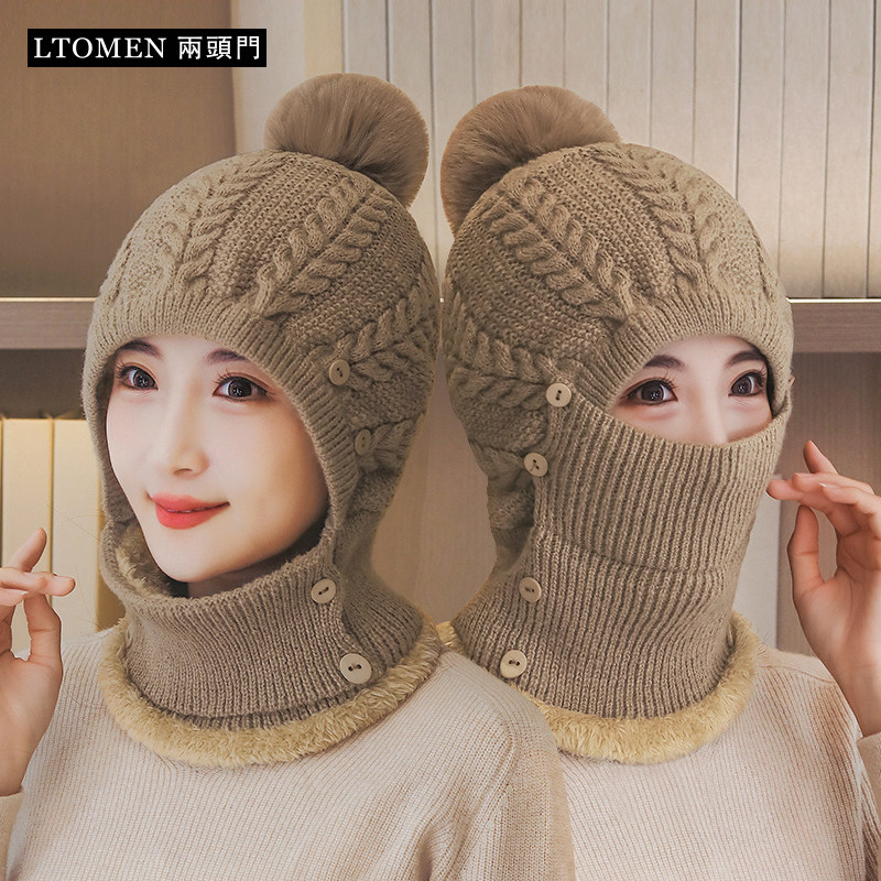 冬季女士护颈围脖口罩一体针织毛线帽户外防风护耳加绒保暖连体帽