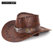两头门西部牛仔帽裂纹PU皮骑士帽夏季 户外旅游休闲男女士遮阳帽子