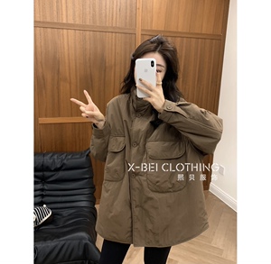 欧货韩版工装大口袋夹棉外套女2023秋冬新款轻薄加厚立领中长棉服