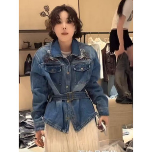 美式复古刺绣系腰带牛仔外套女2026春季新款时尚宽松显瘦翻领上衣