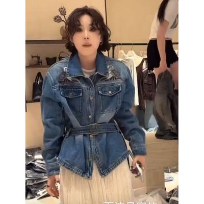 美式复古刺绣系腰带牛仔外套女2026春季新款时尚宽松显瘦翻领上衣