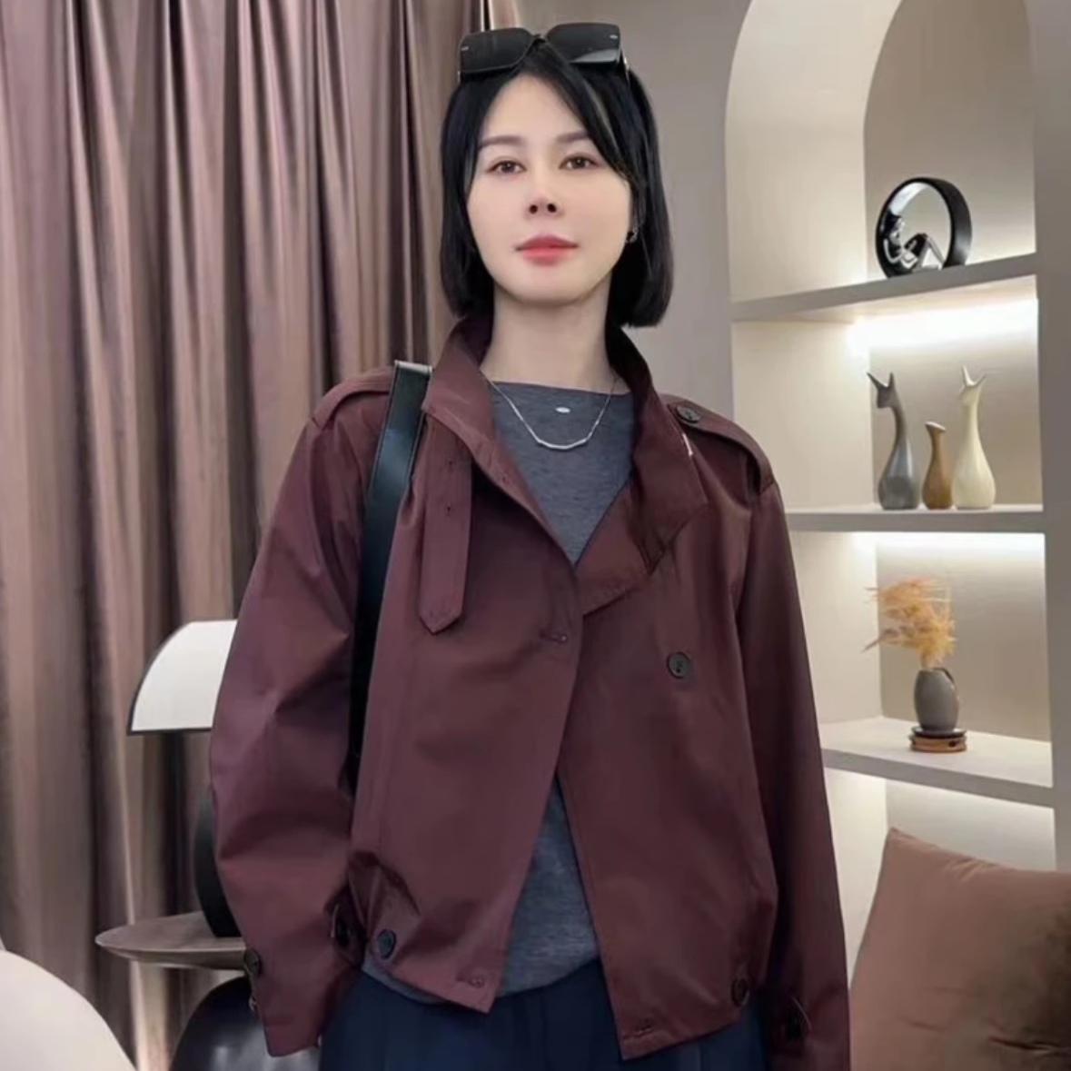 欧货立领英伦风双排扣短款风衣外套女2024秋冬新款时尚百搭上衣潮