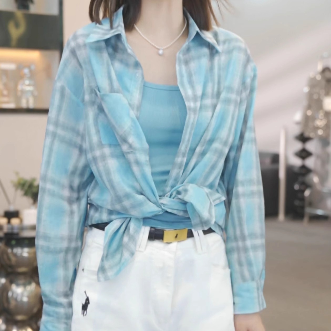 港风蓝色格子防晒衣衬衫女2025年新款时尚复古宽松百搭开衫外套薄