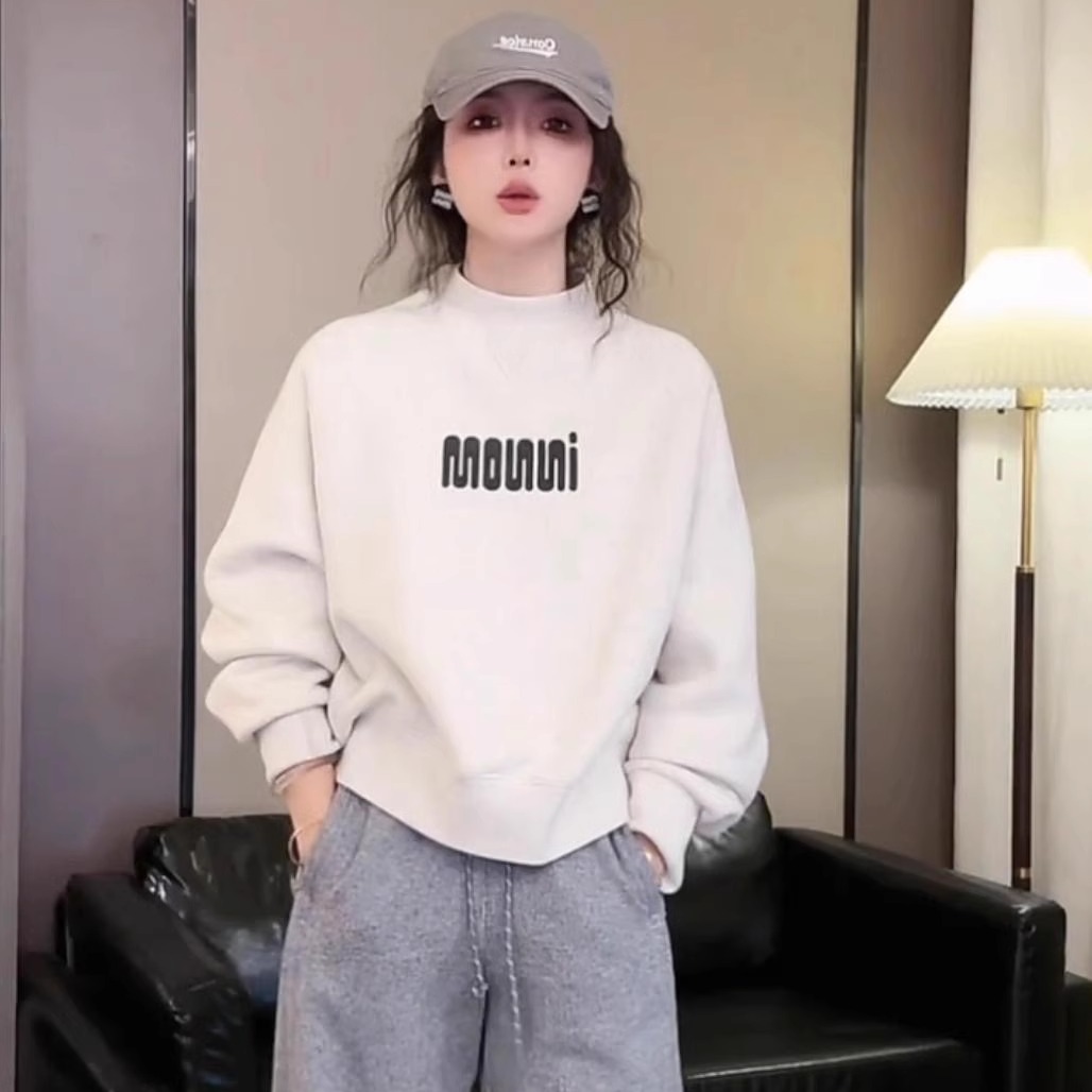 小个子半高领字母加绒加厚长袖卫衣女2024冬季新款爆款休闲上衣潮