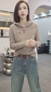 欧货半拉链连帽贴标双面德绒卫衣女2023秋冬新款休闲复古打底上衣