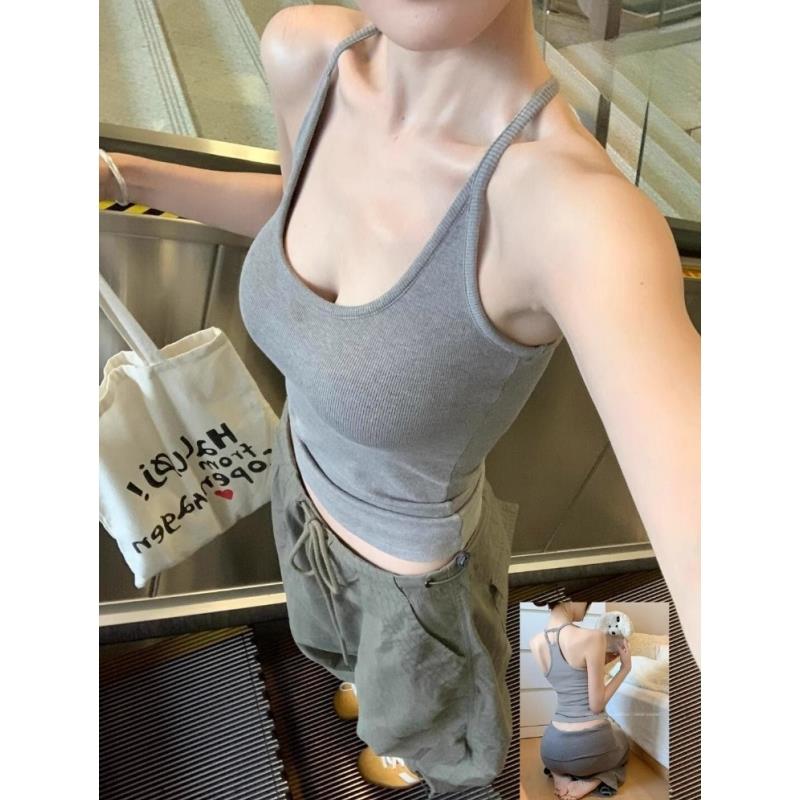 美式辣妹带胸垫吊带女夏季外穿性感U领挂脖背心打底上衣修身美背