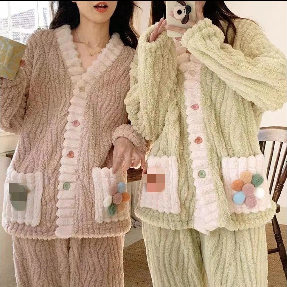 珊瑚绒睡衣女士冬季长袖加厚加绒保暖可外穿冬天家居服法兰绒套装