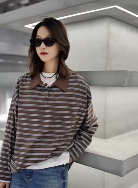 设计师原创25秋季新款时尚百搭设计师款条纹棉翻领衬Polo女06822