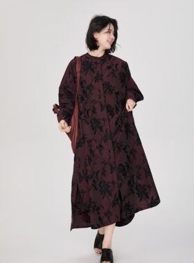 ZBY原创26春新款时尚文艺复古宽松显瘦长袖棉麻提花连衣裙女3590