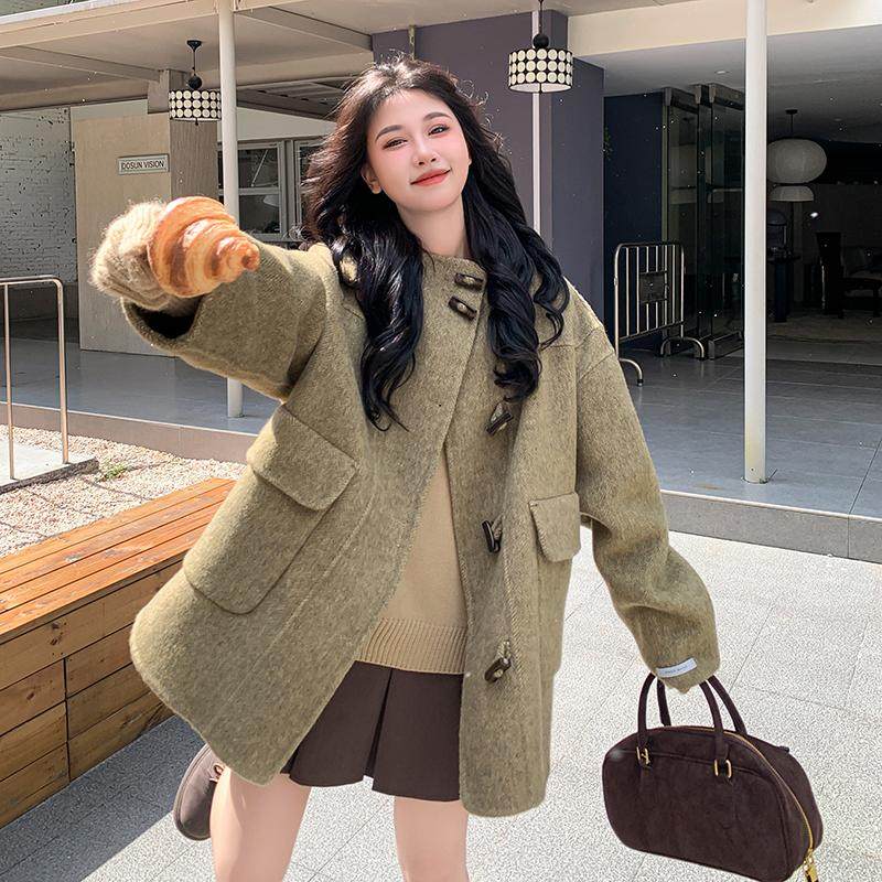学院风牛角扣连帽双面羊绒大衣女短款2024新款秋冬超好看毛呢外套